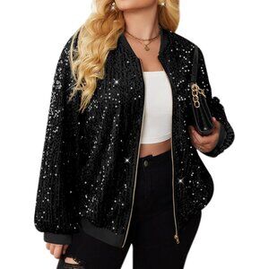 Womens Sequin Jacket Plus Size Sparkle Long Sleeve Jackets Front Zip Loose Casua